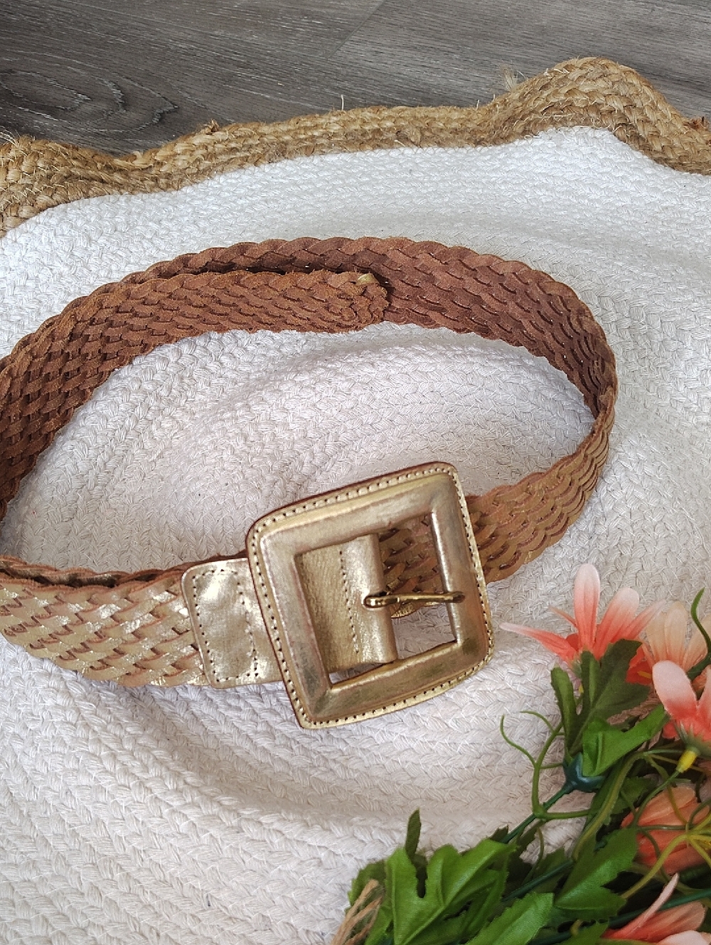 Chico's Genuine Leather Gold Braided Chunky Square Buckle Belt